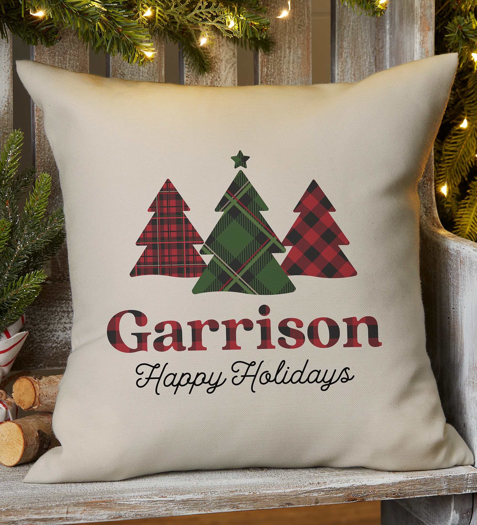 Plaid & Print Personalized Outdoor Throw Pillow